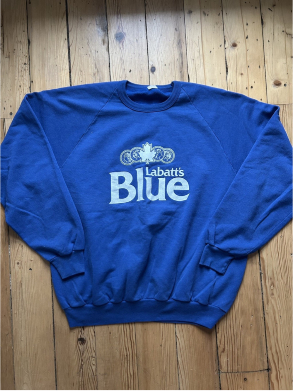 Vintage Labatt Blue 80s 90s Mens Sweater Size XL Canadian Beer Promo Raglan Blue